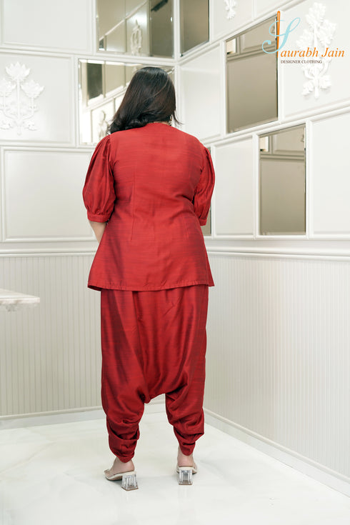 Designer Maroon Women Dhoti Set , Back View